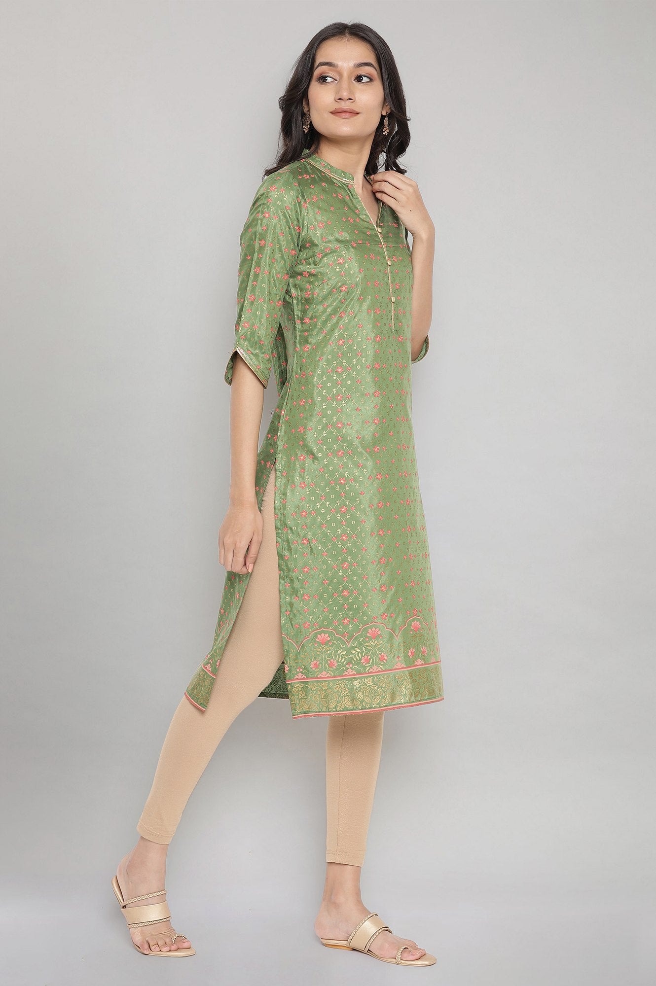 Green Mandarin Collar Foil Print Straight kurta