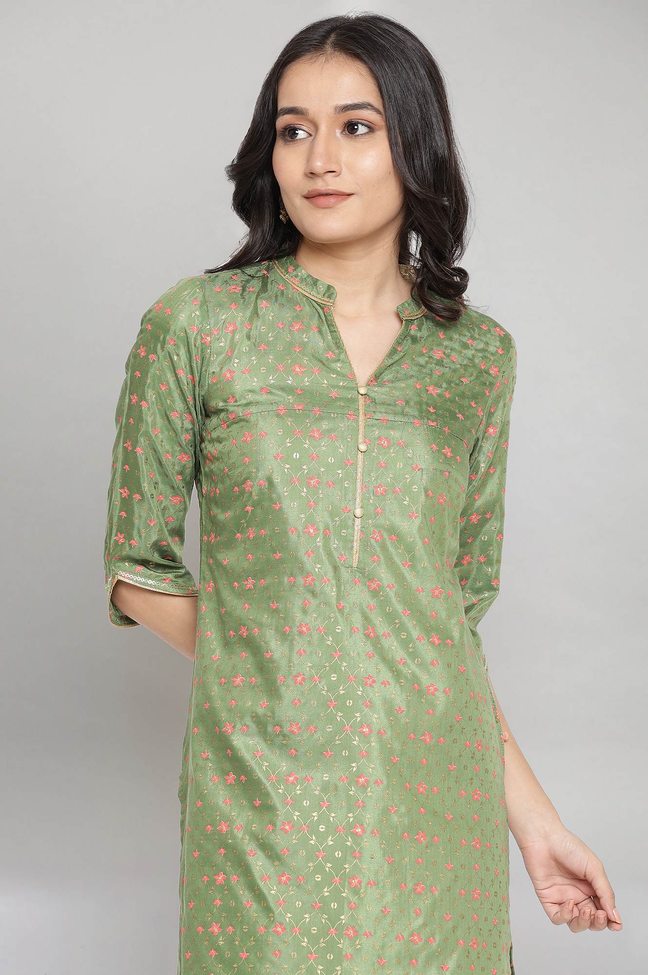 Green Mandarin Collar Foil Print Straight kurta