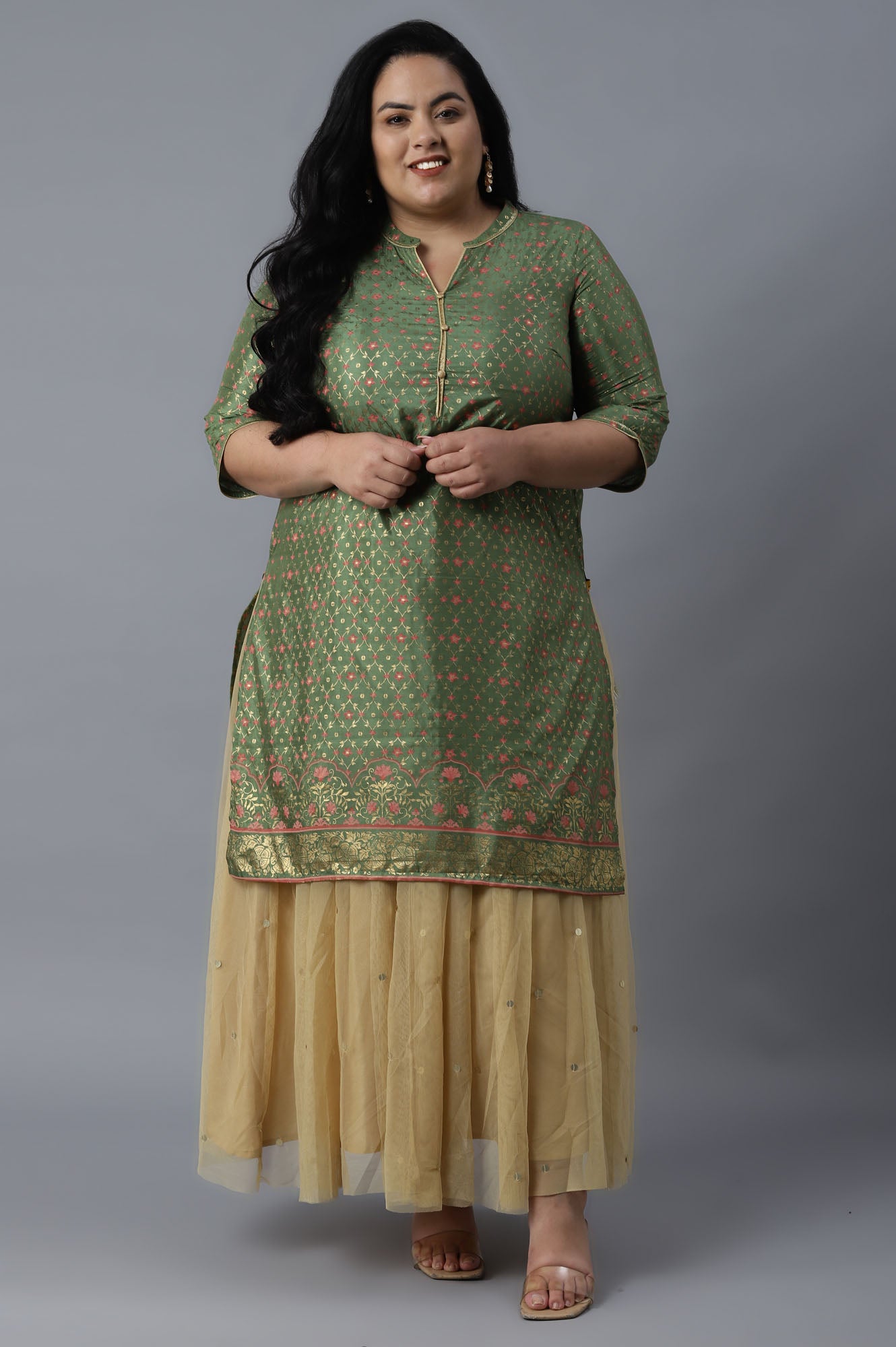 Green Mandarin Collar Foil Print Straight kurta