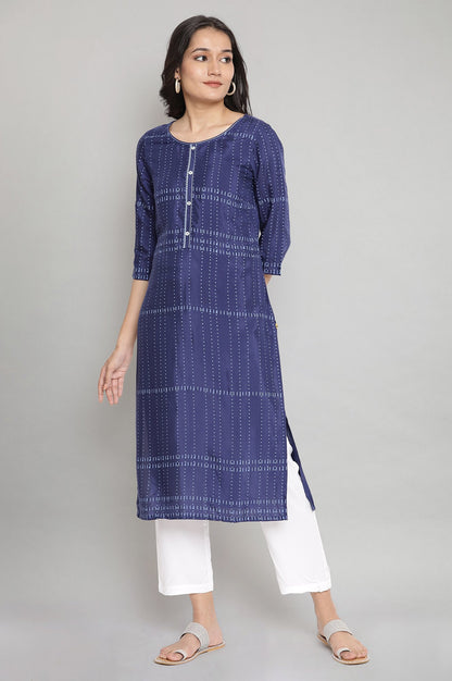 Navy Blue Round Neck Printed Straight kurta