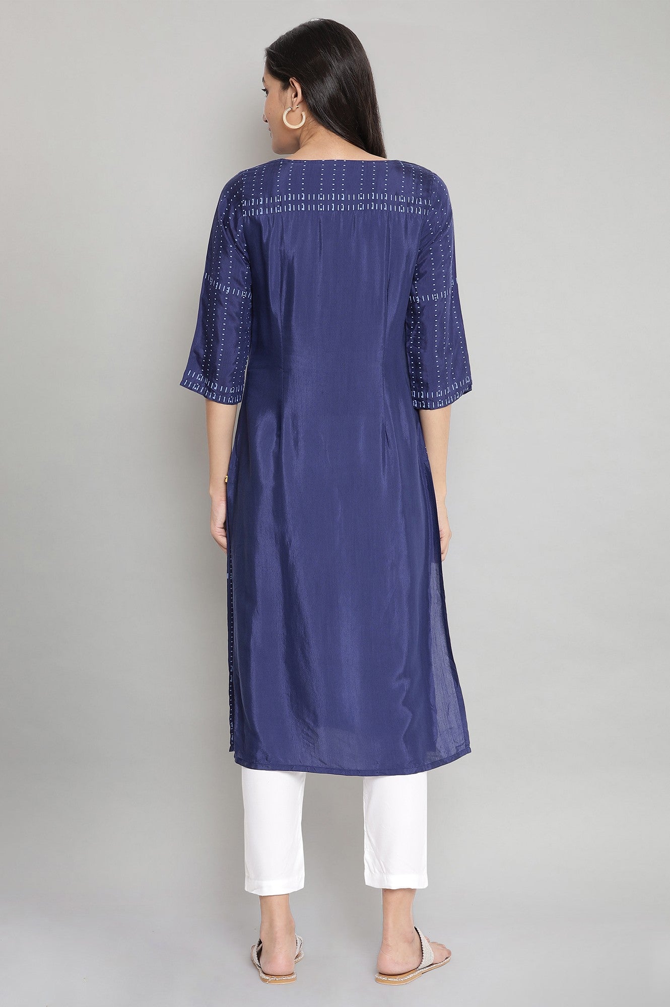 Navy Blue Round Neck Printed Straight kurta