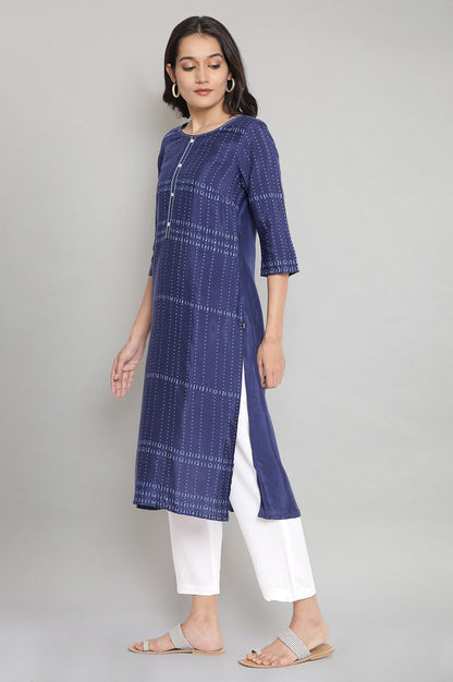 Navy Blue Round Neck Printed Straight kurta