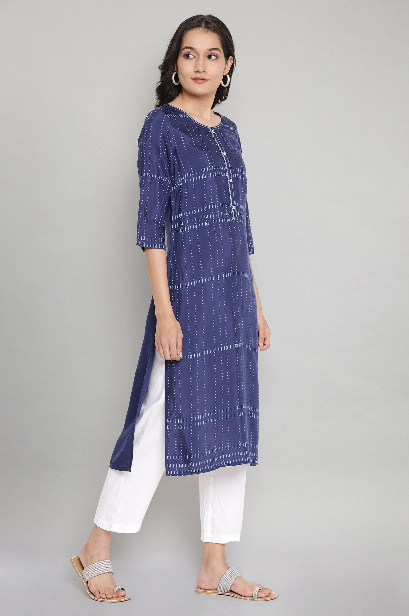 Navy Blue Round Neck Printed Straight kurta