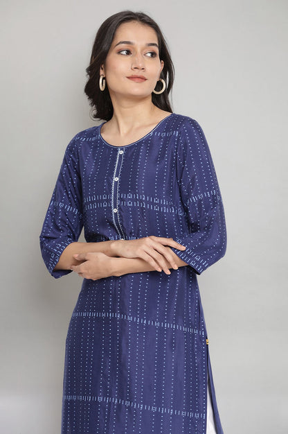 Navy Blue Round Neck Printed Straight kurta