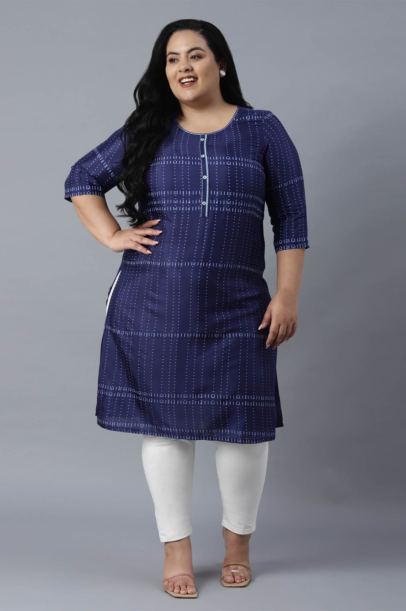 Navy Blue Round Neck Printed Straight kurta