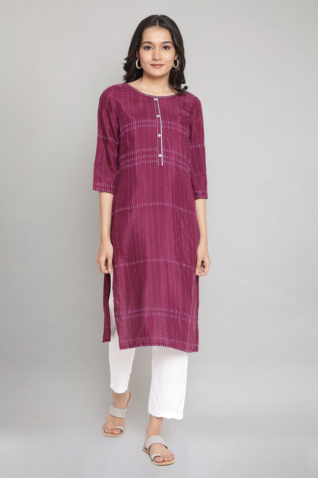 Wine Round Neck Printed Straight kurta