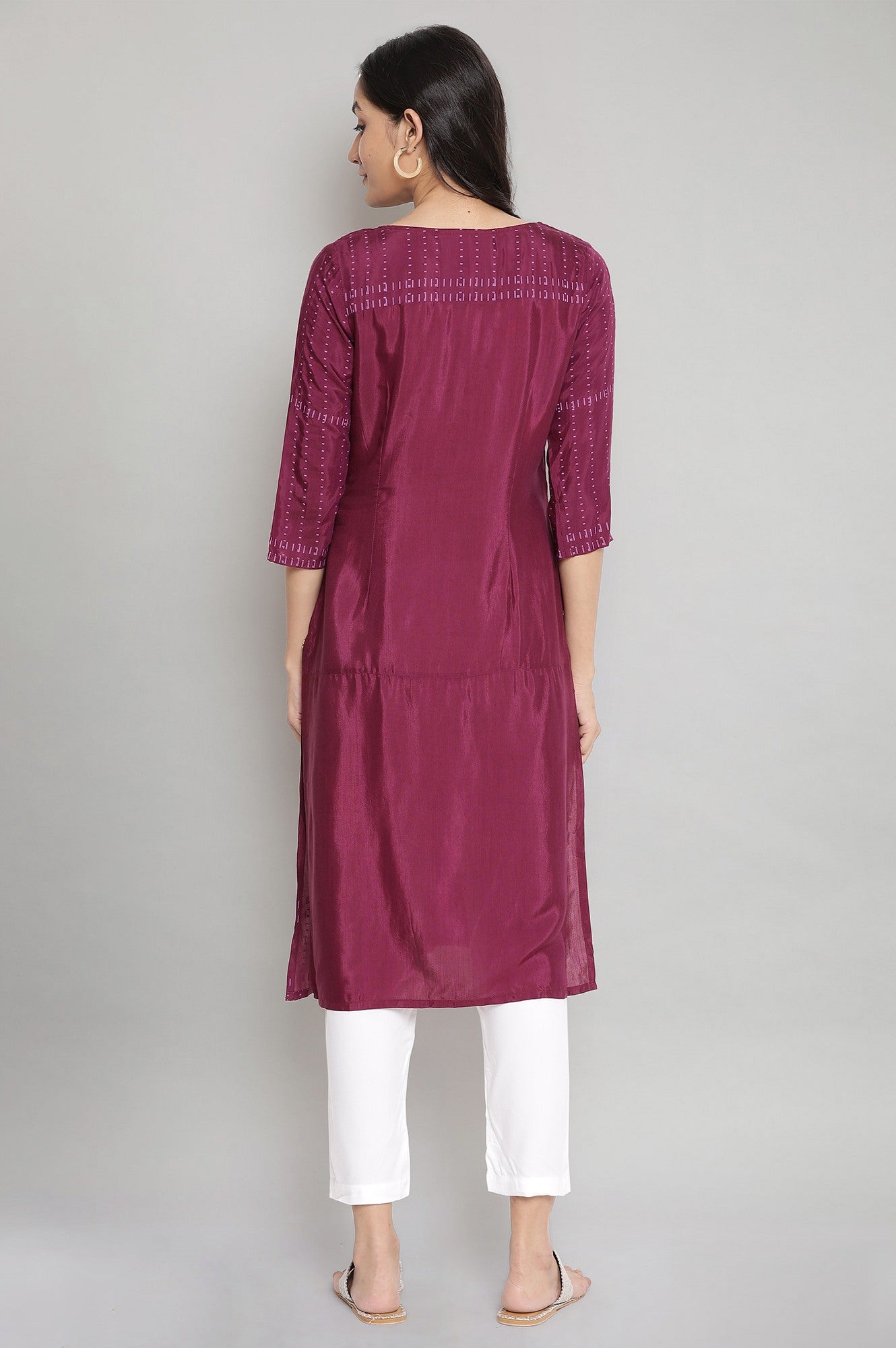 Wine Round Neck Printed Straight kurta