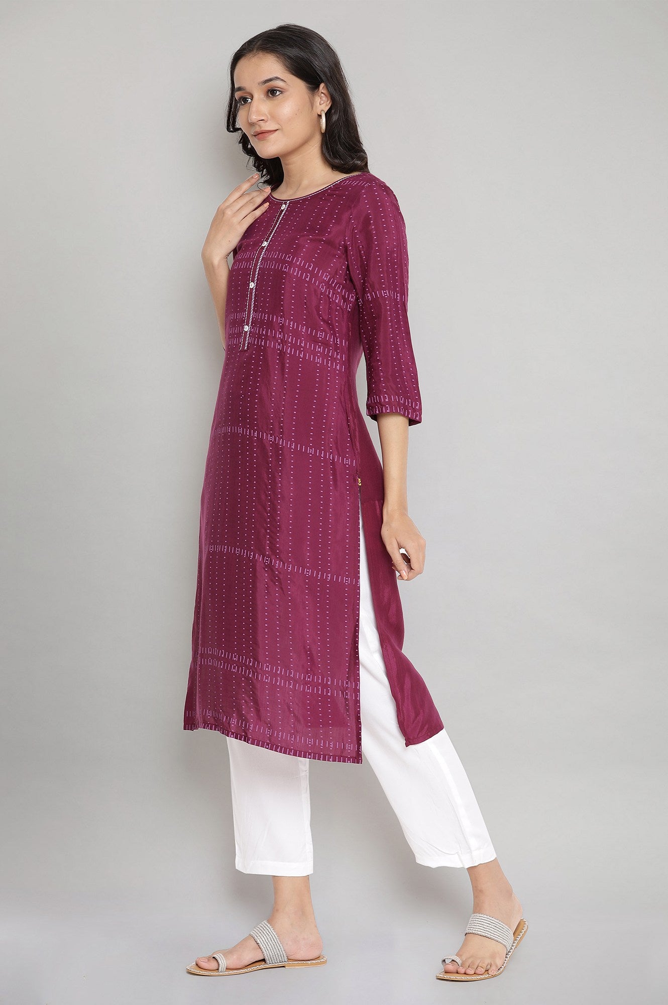 Wine Round Neck Printed Straight kurta