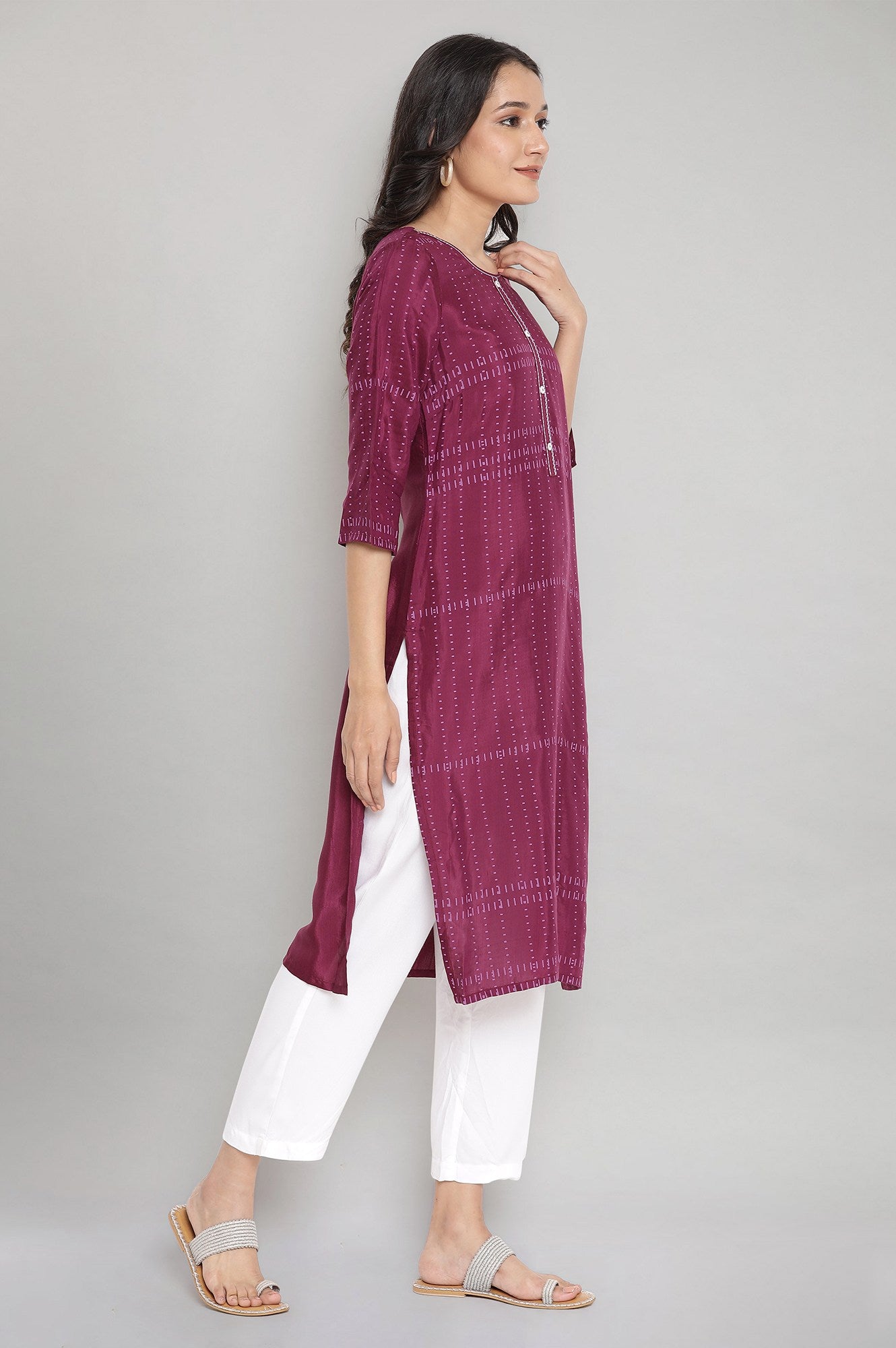 Wine Round Neck Printed Straight kurta