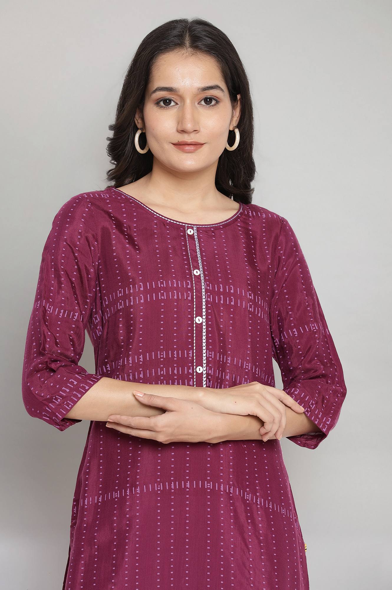 Wine Round Neck Printed Straight kurta