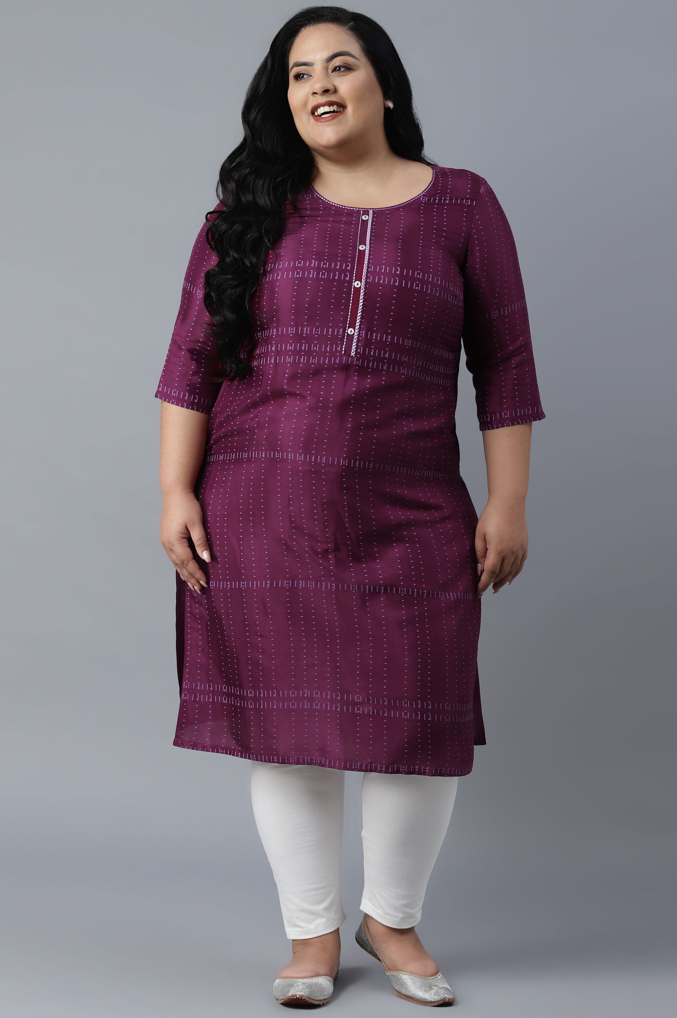 Wine Round Neck Printed Straight kurta