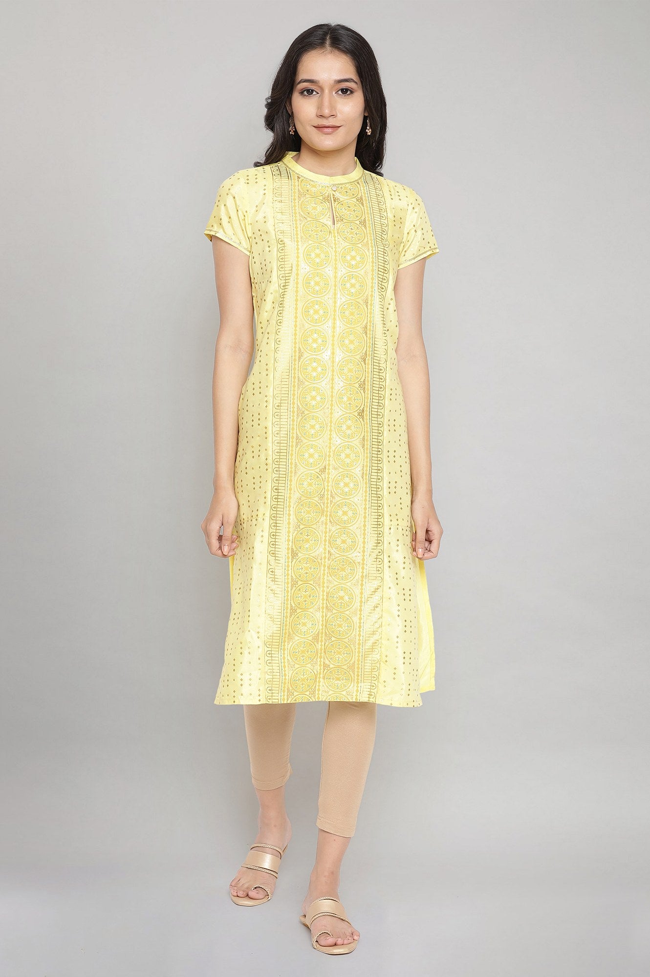 Yellow Mandarin Collar Foil Print Straight kurta