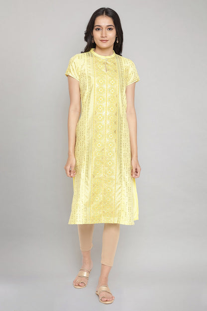 Yellow Mandarin Collar Foil Print Straight kurta