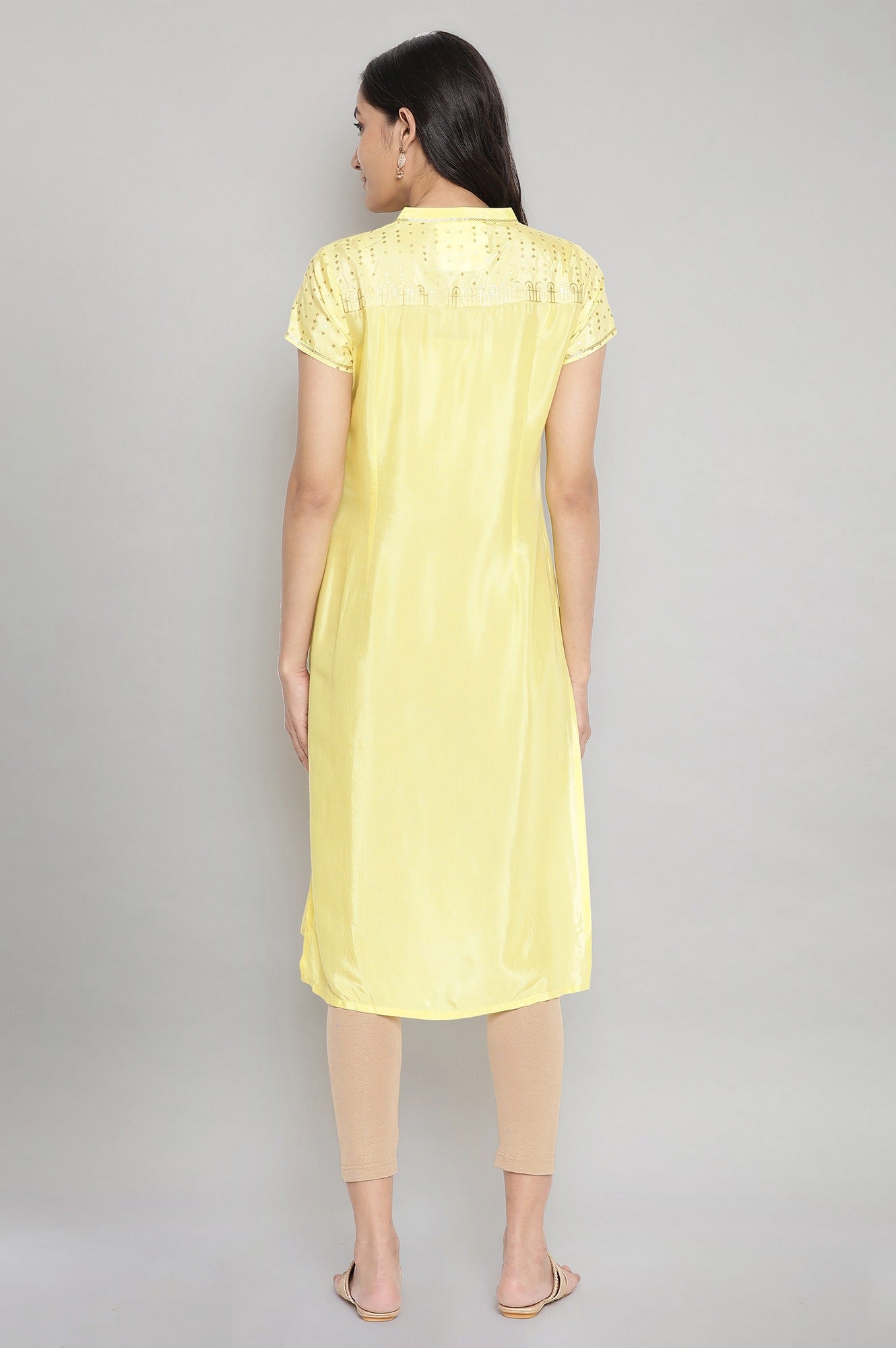 Yellow Mandarin Collar Foil Print Straight kurta