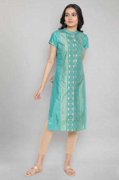 Green Mandarin Collar Foil Print Straight kurta