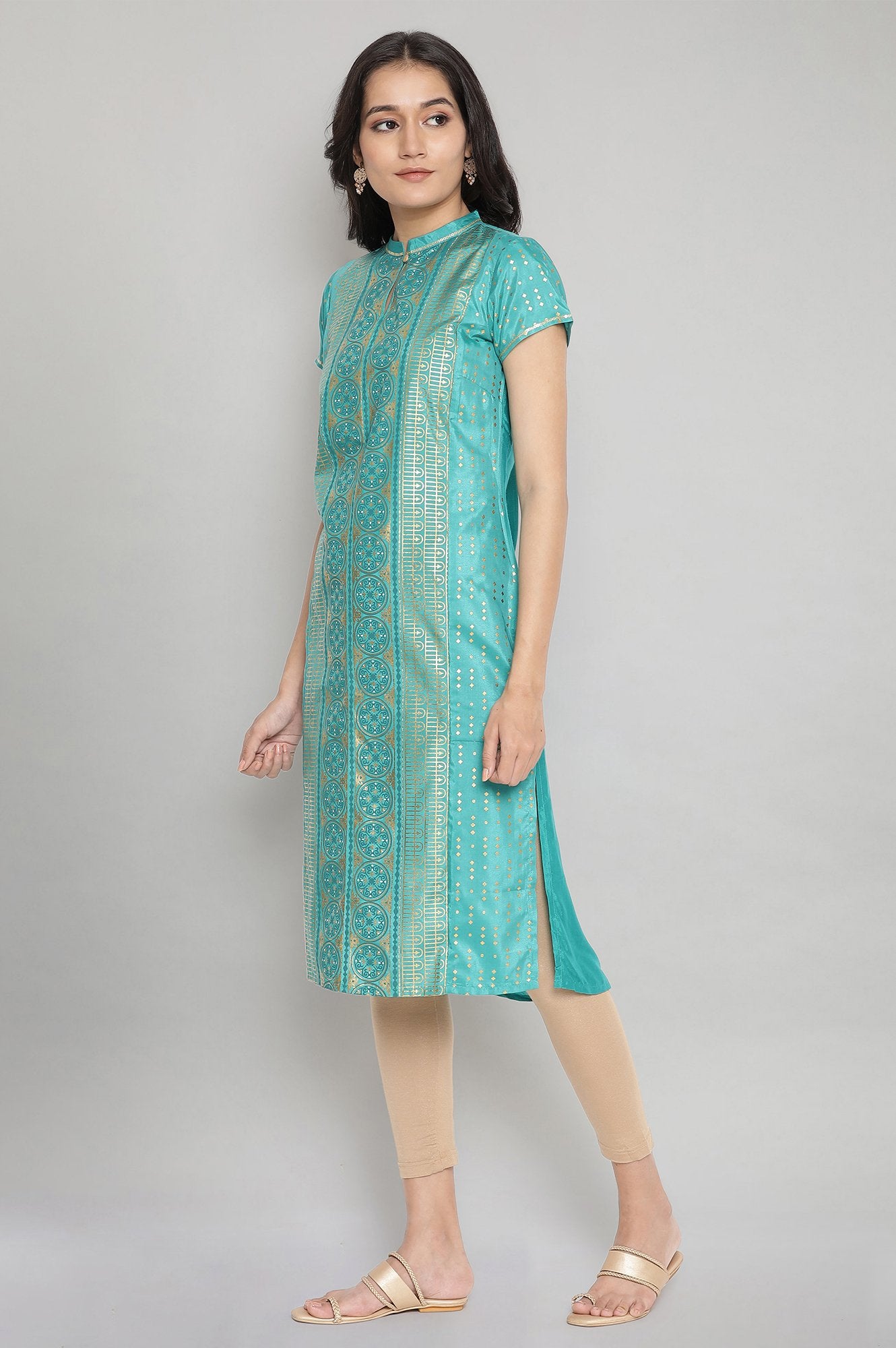 Green Mandarin Collar Foil Print Straight kurta