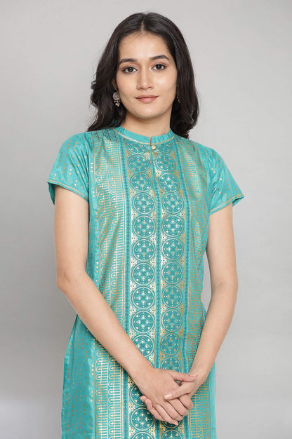 Green Mandarin Collar Foil Print Straight kurta