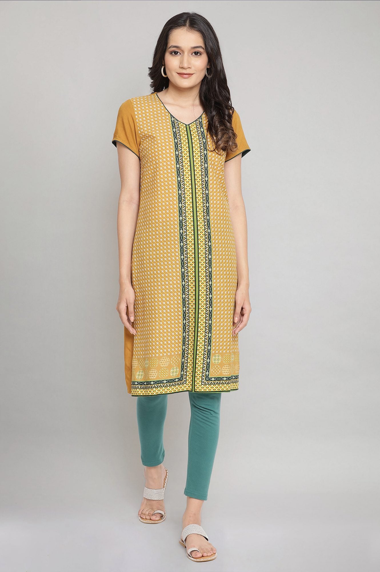 Mustard V-Nek Printed Straight kurta