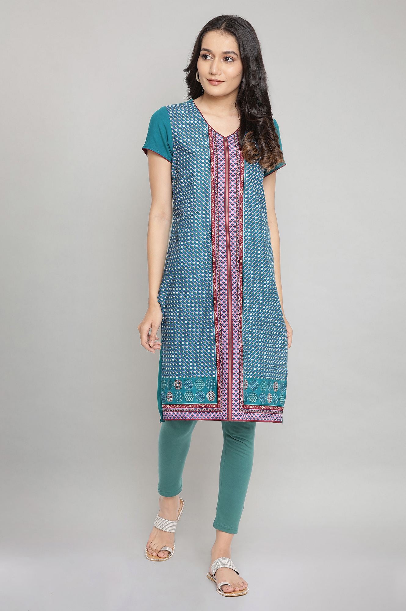 Teal V-Nek Printed Straight kurta