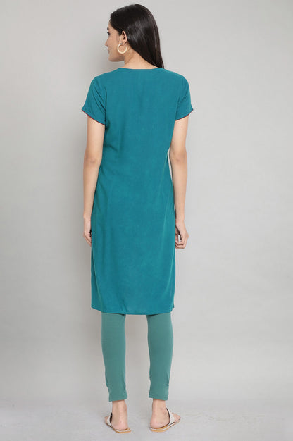 Teal V-Nek Printed Straight kurta