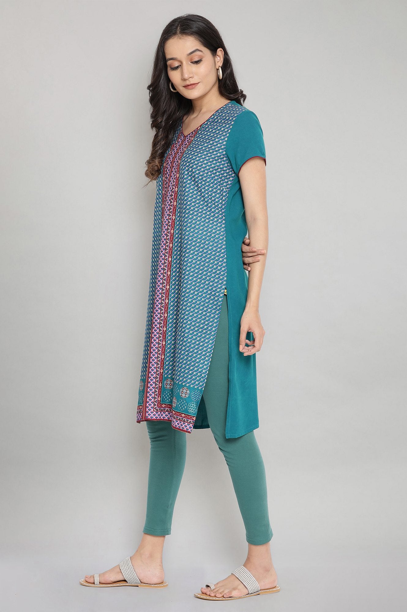 Teal V-Nek Printed Straight kurta