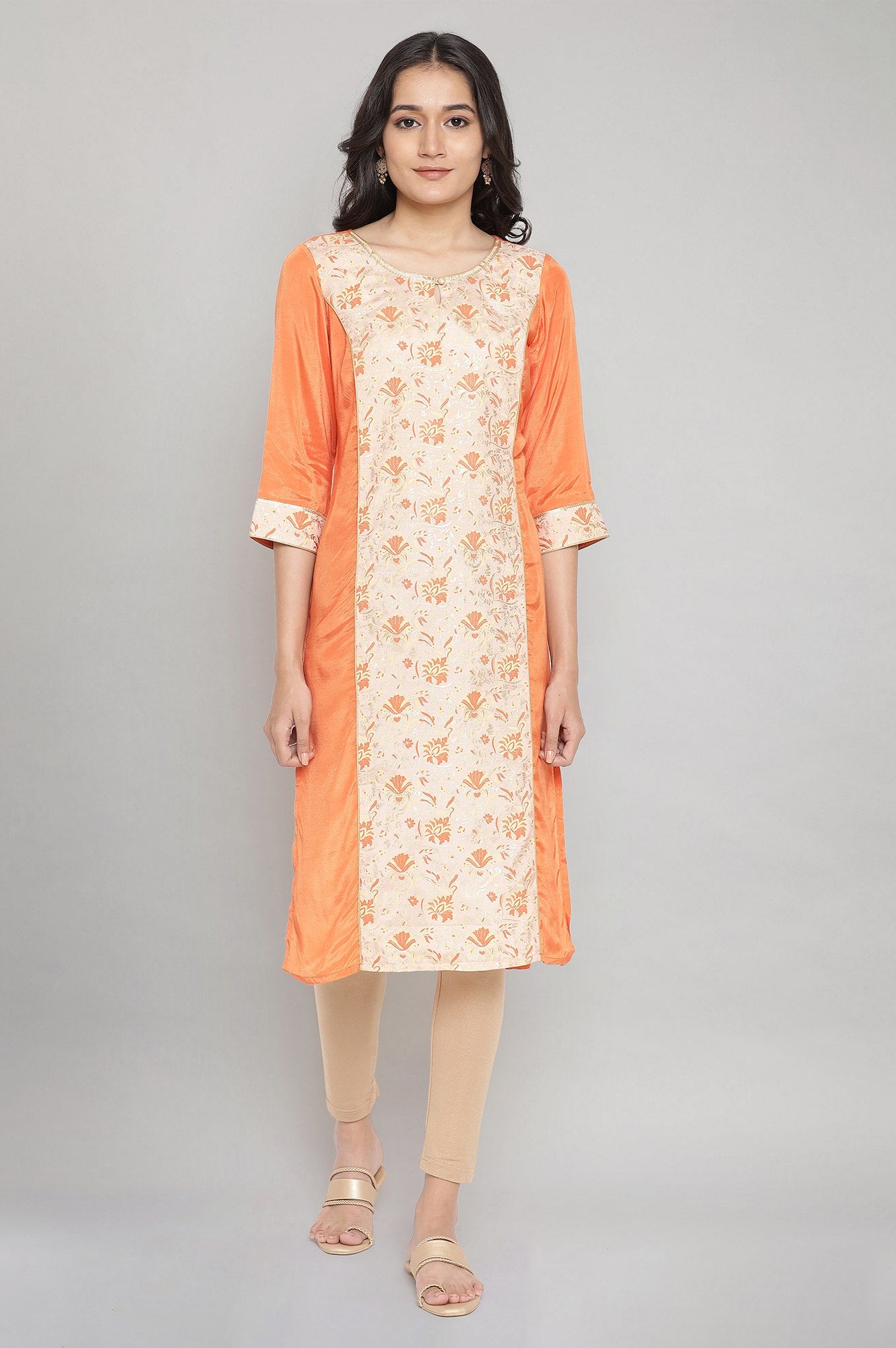 Orange Round Neck Printed Straight kurta