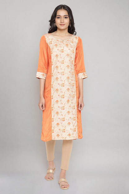 Orange Round Neck Printed Straight kurta