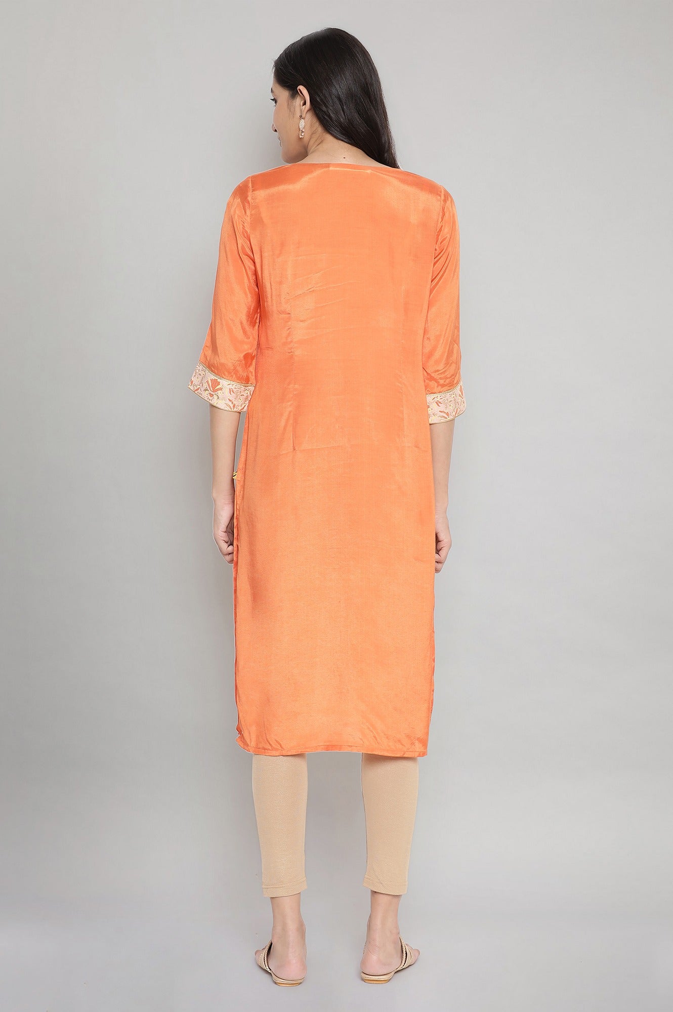 Orange Round Neck Printed Straight kurta