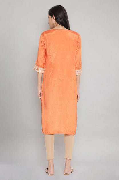 Orange Round Neck Printed Straight kurta