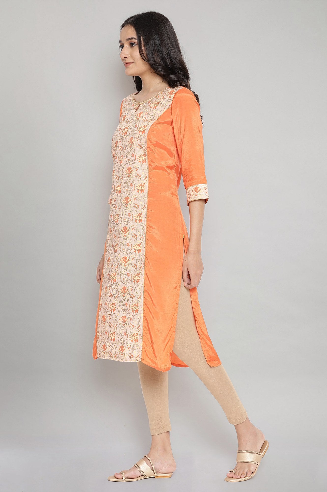 Orange Round Neck Printed Straight kurta