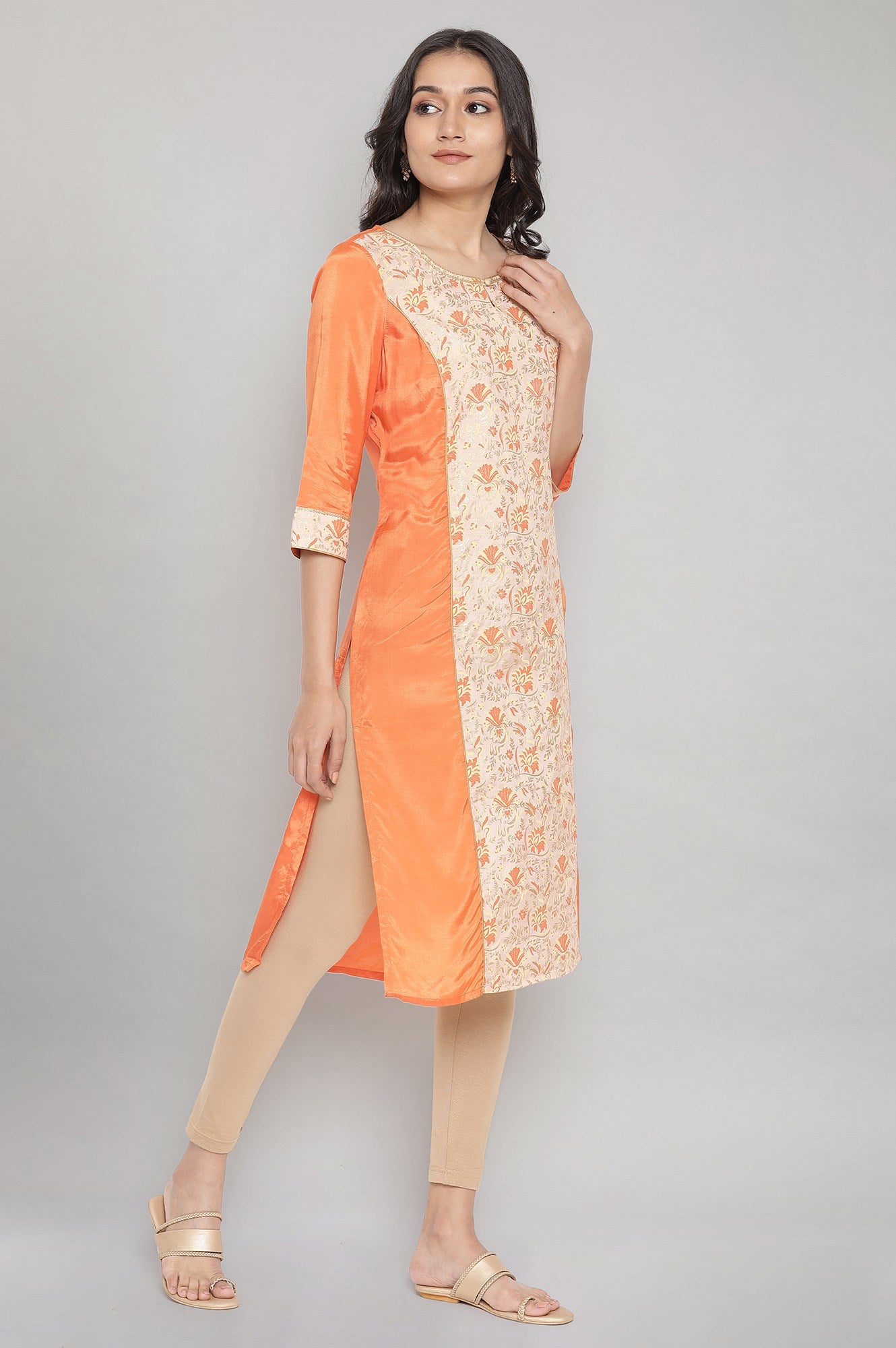 Orange Round Neck Printed Straight kurta