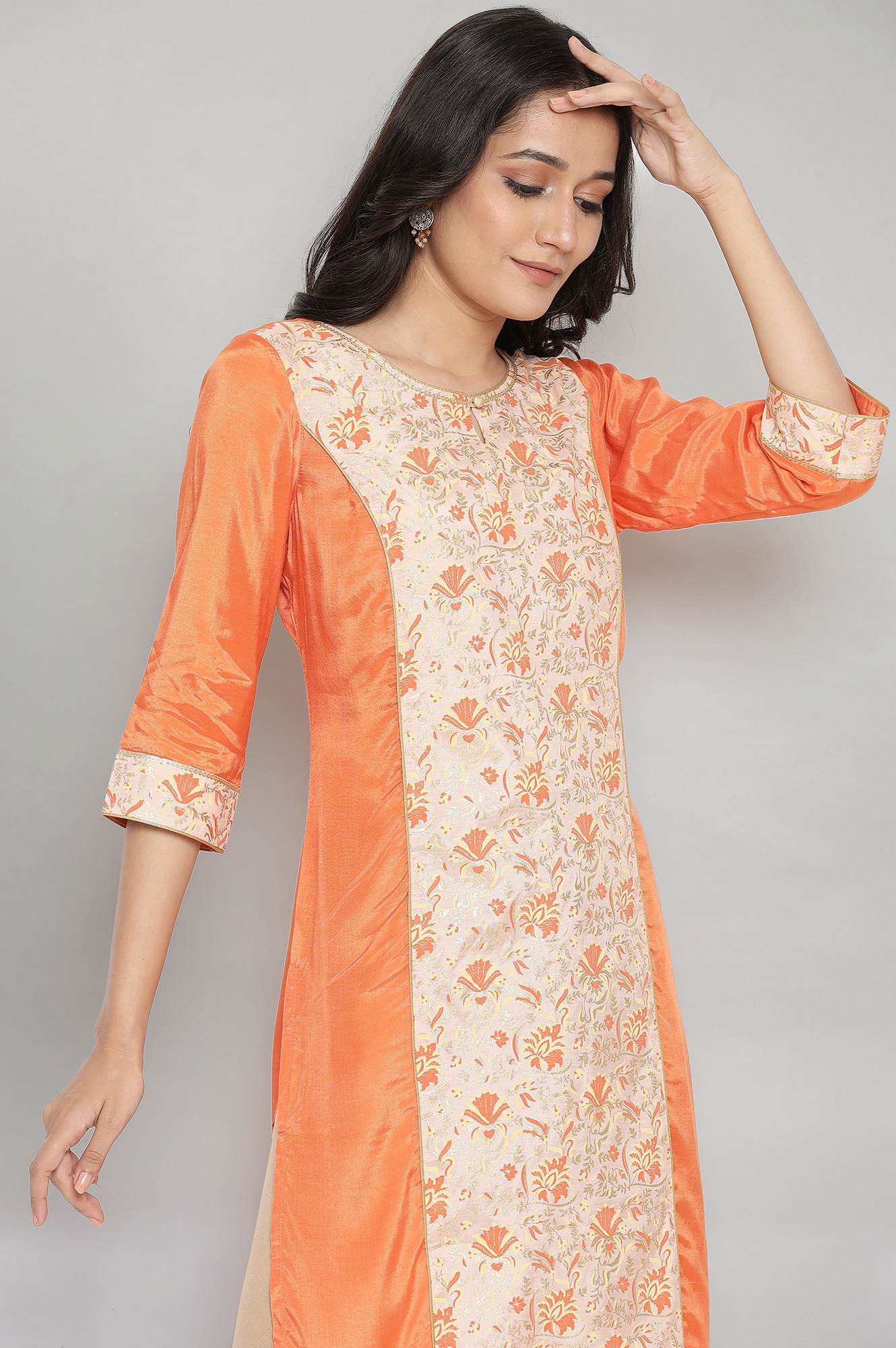 Orange Round Neck Printed Straight kurta