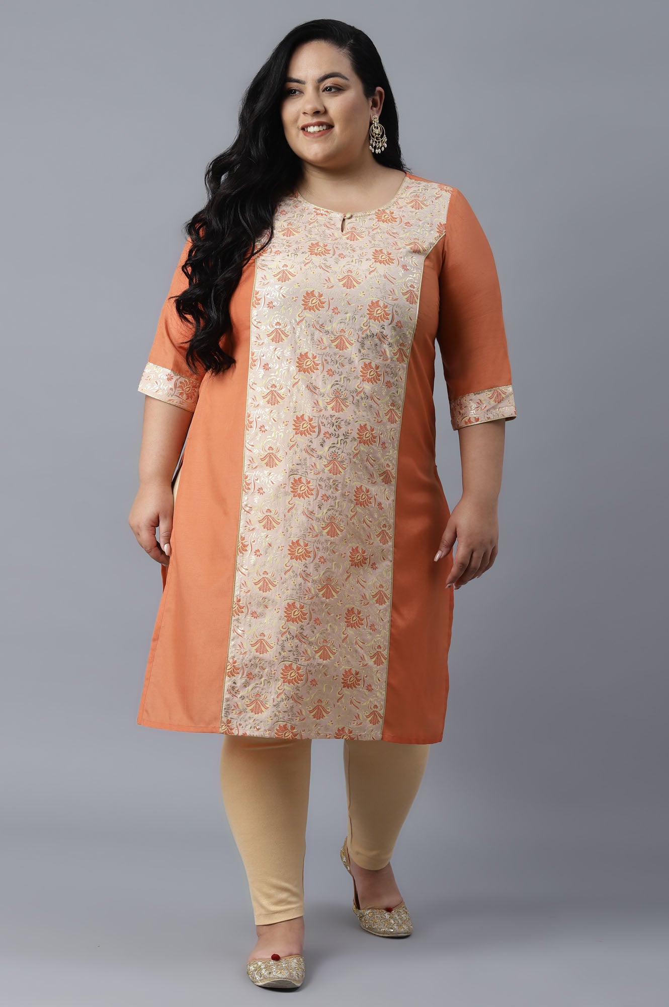 Orange Round Neck Printed Straight kurta