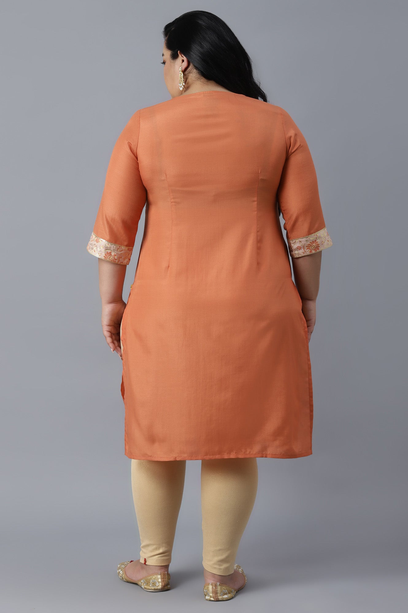 Orange Round Neck Printed Straight kurta