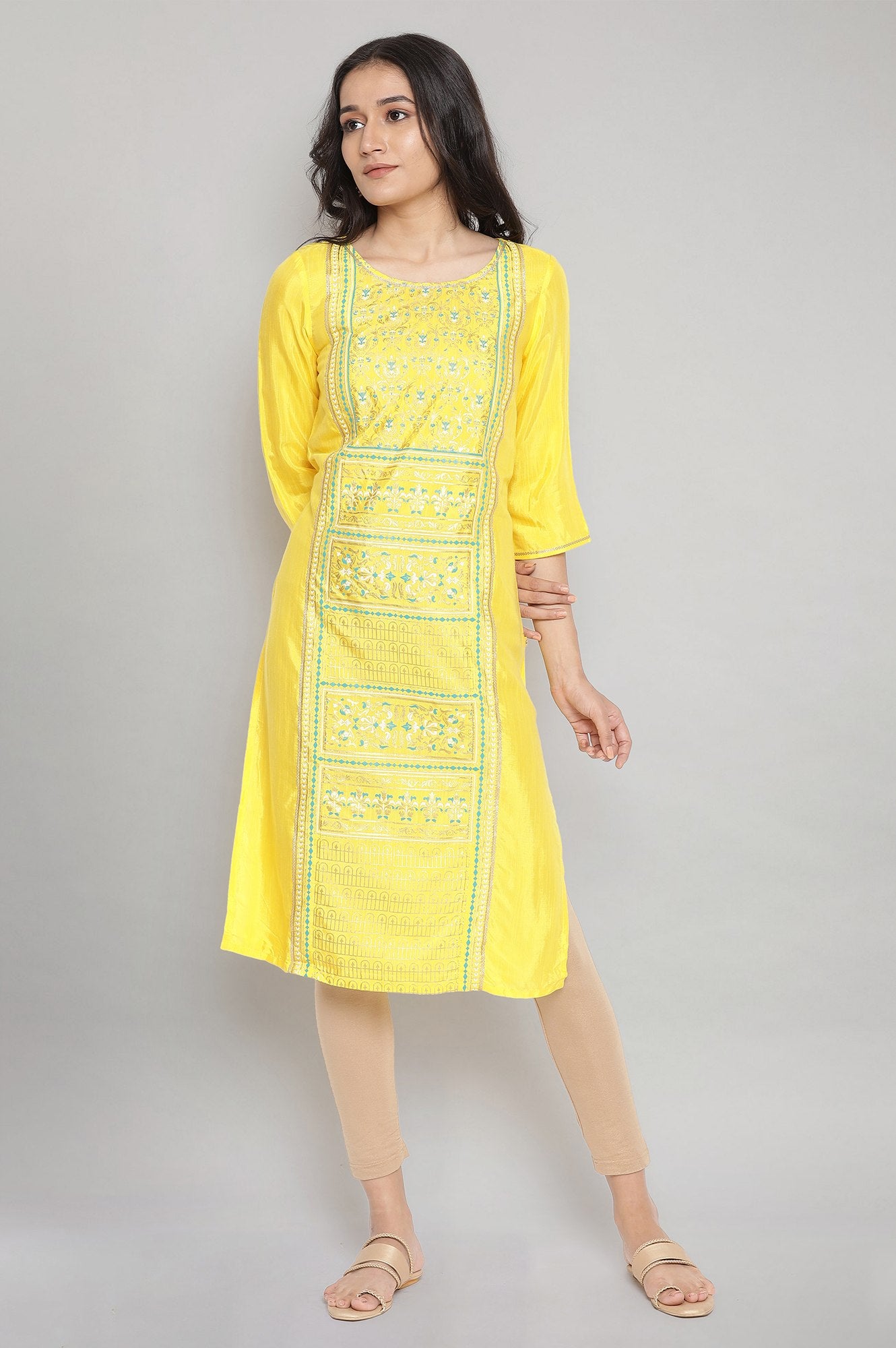 Yelow Round Neck Printed Straight kurta