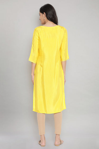 Yelow Round Neck Printed Straight kurta