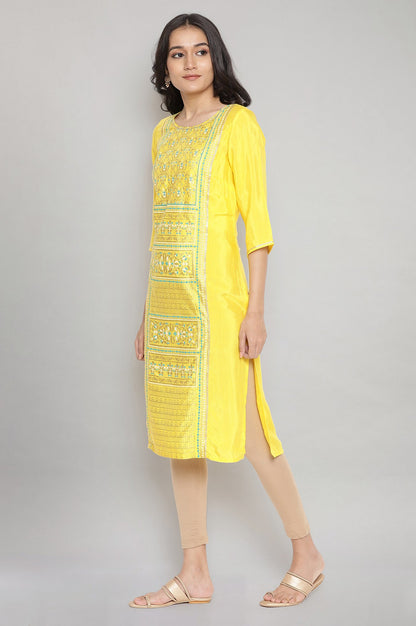 Yelow Round Neck Printed Straight kurta