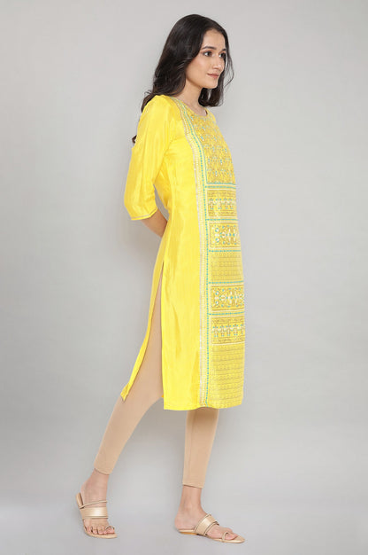 Yelow Round Neck Printed Straight kurta