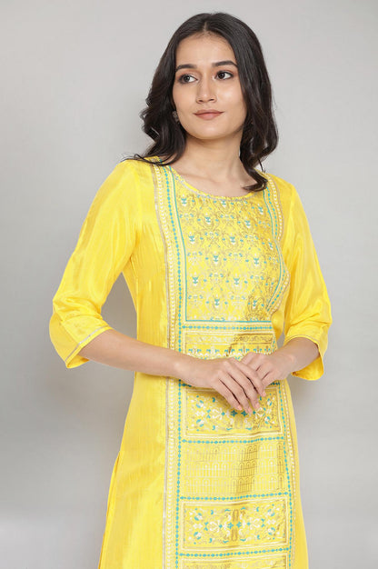 Yelow Round Neck Printed Straight kurta