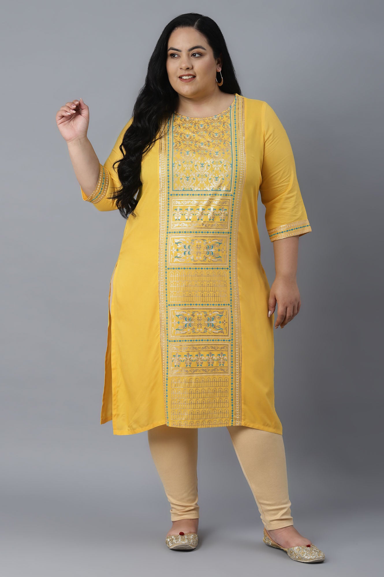 Yelow Round Neck Printed Straight kurta