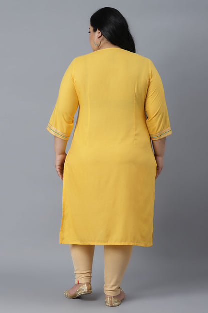 Yelow Round Neck Printed Straight kurta