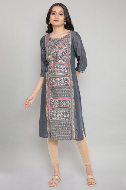 Grey Round Neck Printed Straight kurta