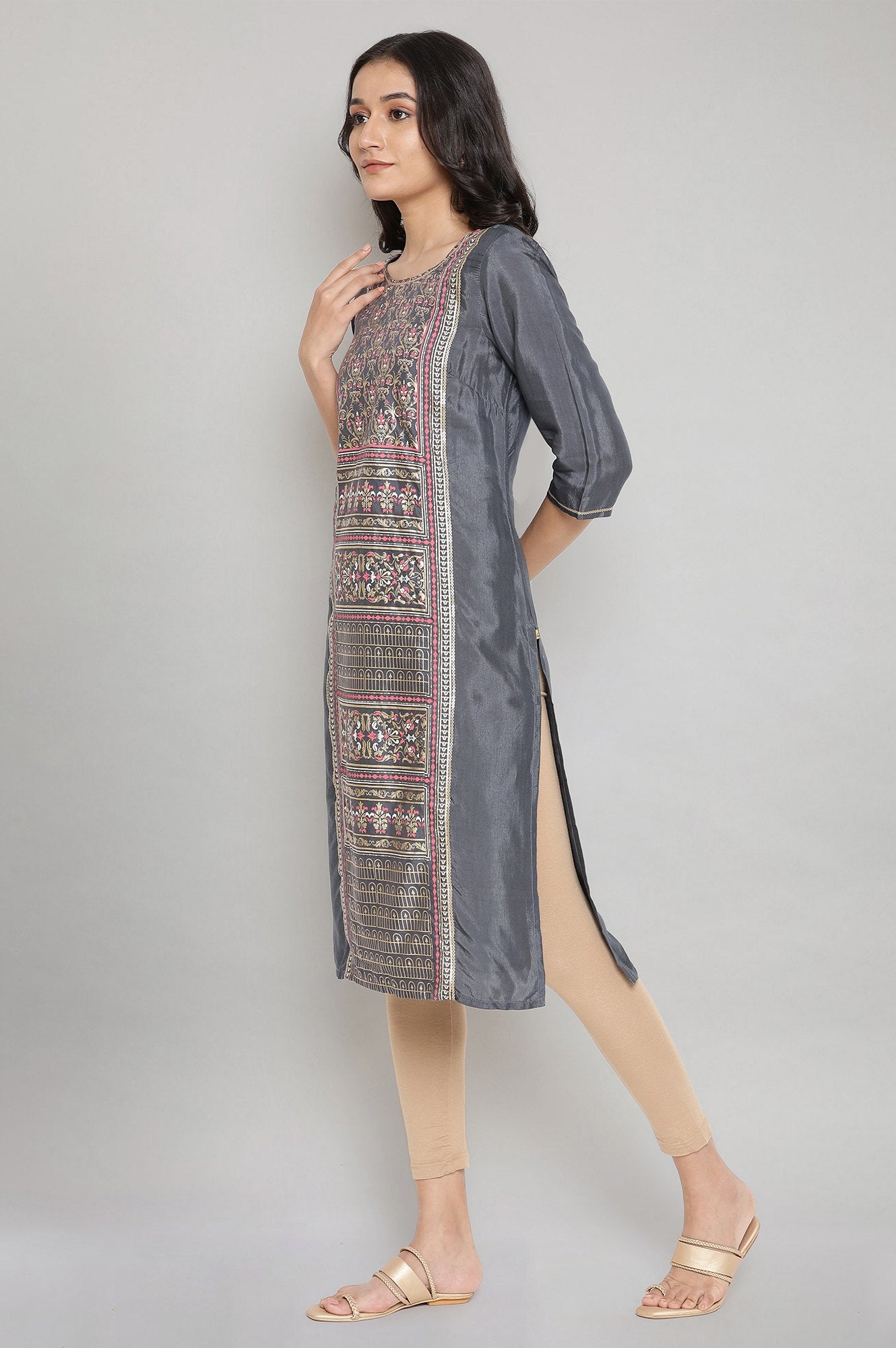 Grey Round Neck Printed Straight kurta