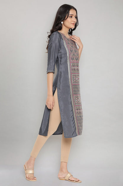 Grey Round Neck Printed Straight kurta