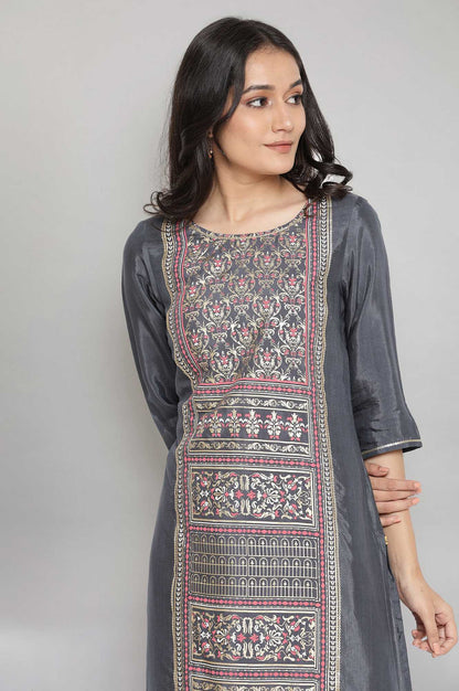 Grey Round Neck Printed Straight kurta