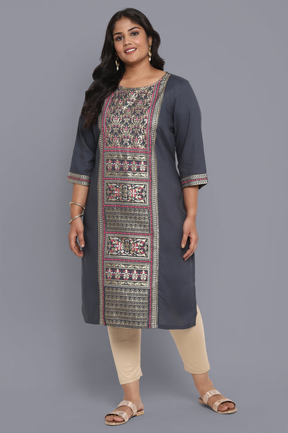 Grey Round Neck Printed Straight kurta