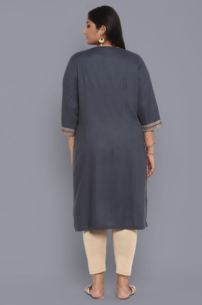 Grey Round Neck Printed Straight kurta