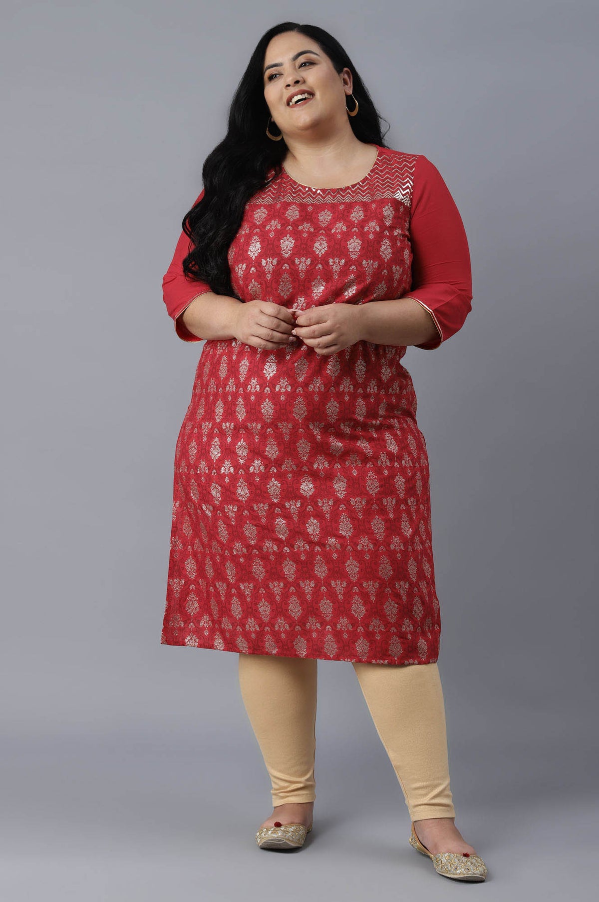 Red Glitter Print Straight kurta - XS