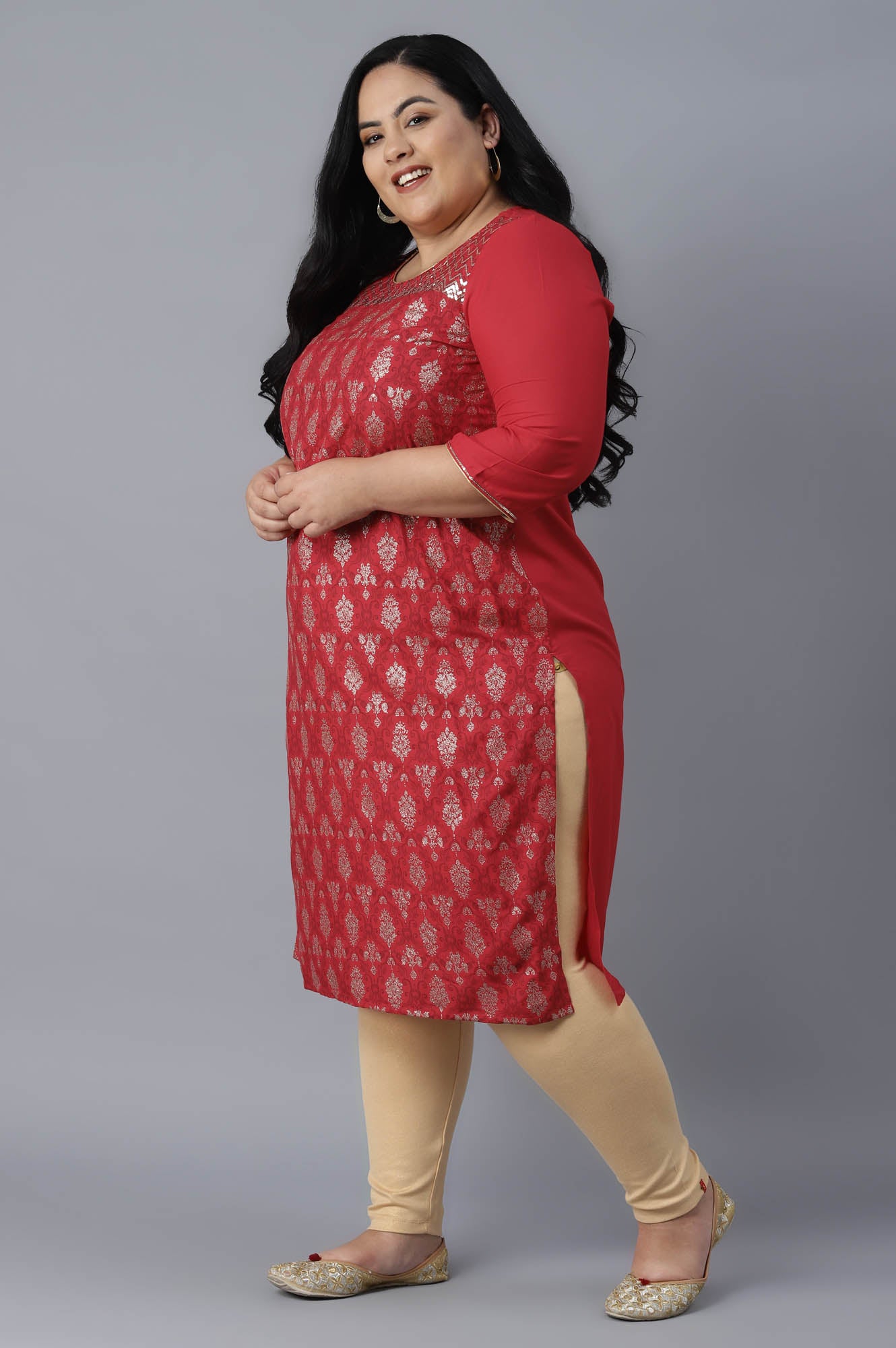 Red Glitter Print Straight kurta