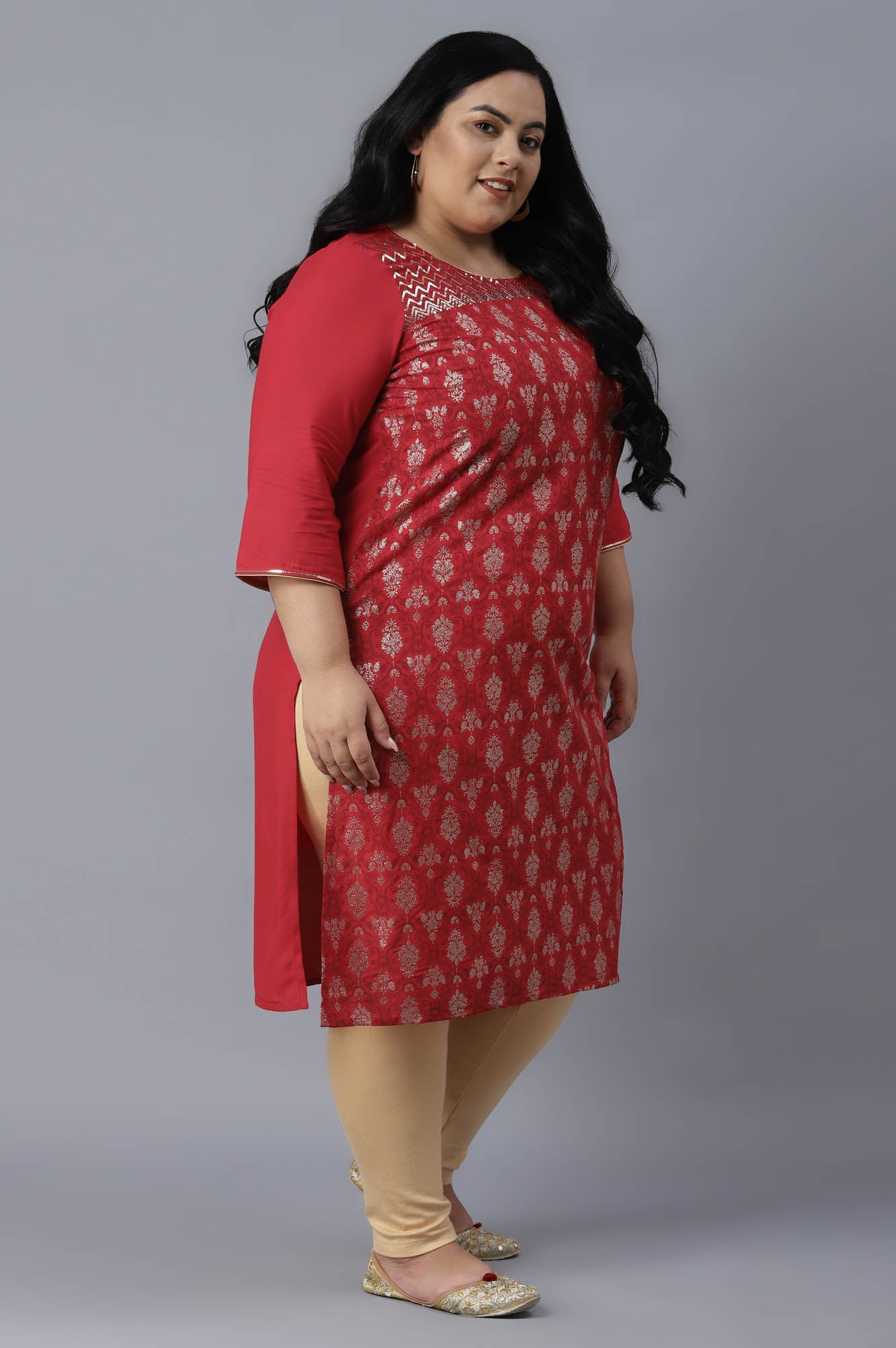 Red Glitter Print Straight kurta